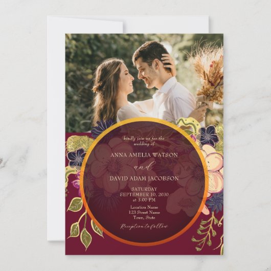 Rustikales Burgund-Foto Hochzeit einladen Einladung (Vorderseite)