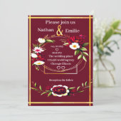 Rustikales Burgund goldene romantische Hochzeit Ei Einladung (Stehend Vorderseite)