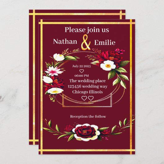 Rustikales Burgund goldene romantische Hochzeit Ei Einladung (Vorne/Hinten)