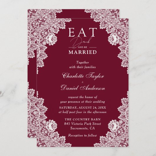 Rustikales Burgund isst Drink und sei Verheiratet Einladung (Vorne/Hinten)