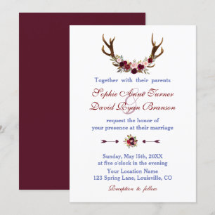 Rustikales Burgund Marsala Floral Antlers Wedding Einladung