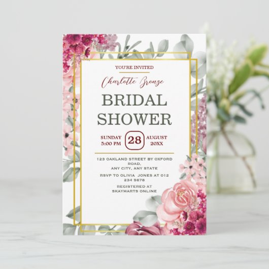 Rustikales Burgund Marsala Pink Brautparty Einladung (Stehend Vorderseite)