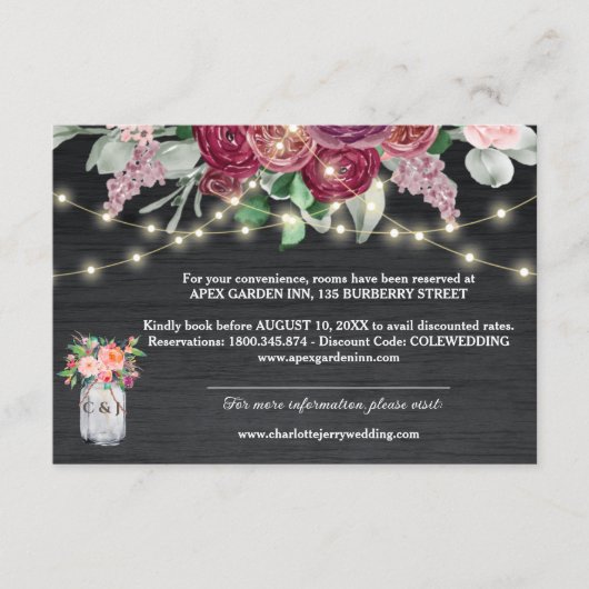 Rustikales Burgund Mason Jar Lights Hochzeitdetail Begleitkarte (Vorderseite)