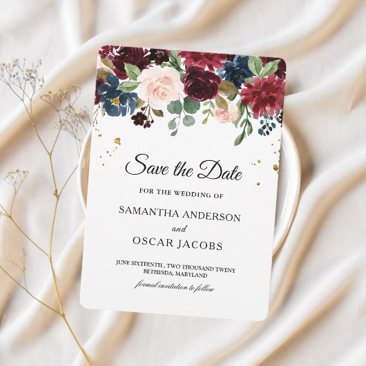 Rustikales Burgund & Navy Blue Floral Save The Date