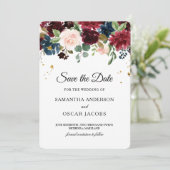 Rustikales Burgund & Navy Blue Floral Save The Date (Stehend Vorderseite)