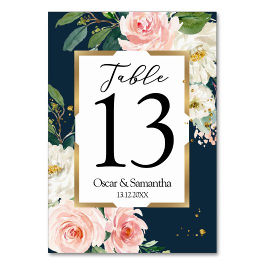 Rustikales Burgund Navy Blue & Pink Floral Gold Fr Tischnummer (Vorderseite)