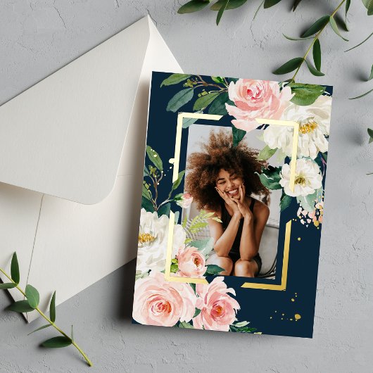 Rustikales Burgund Navy Blue & Pink Floral Real Fo Folieneinladung