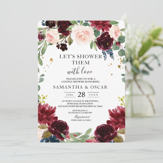 Rustikales Burgund Navy Blue & Red Blume Frame Einladung (Stehend Vorderseite)