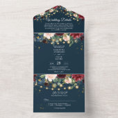 Rustikales Burgund Navy Blue & Red Blume & Lights All In One Einladung (Innen Boden)