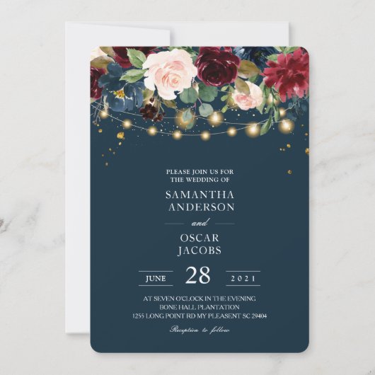 Rustikales Burgund Navy Blue & Red Blume & Lights Einladung (Vorderseite)