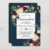 Rustikales Burgund Navy Blue & Red Blume & Lights Einladung (Vorne/Hinten)