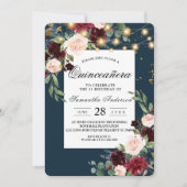 Rustikales Burgund Navy Blue & Red Blume & Lights Einladung (Vorderseite)