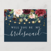 Rustikales Burgund Navy Blue & Red Blume & Lights Einladungspostkarte (Vorderseite)