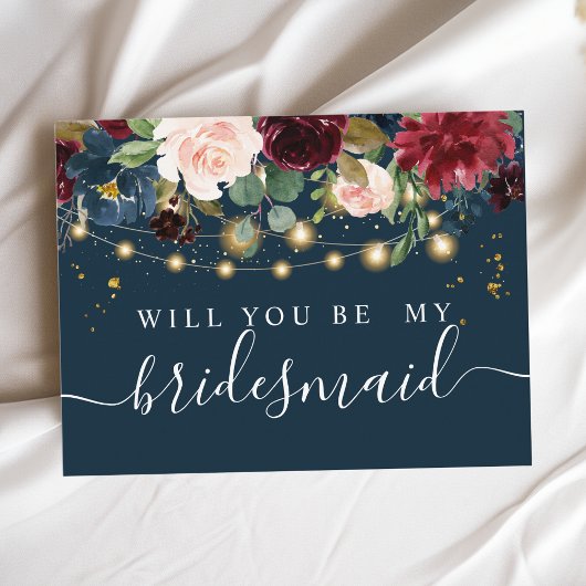 Rustikales Burgund Navy Blue & Red Blume & Lights Einladungspostkarte