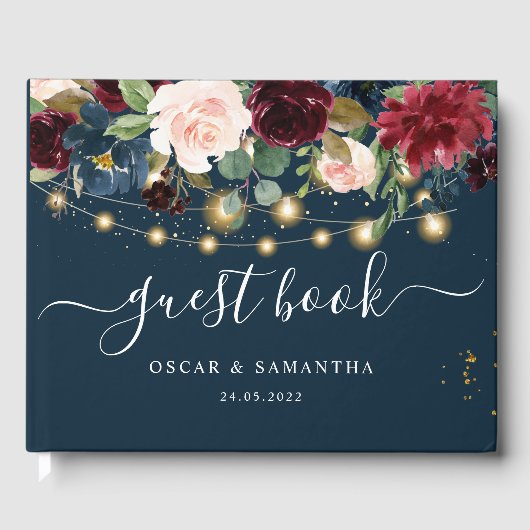 Rustikales Burgund Navy Blue & Red Blume & Lights Gästebuch (Vorderseite)