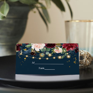 Rustikales Burgund Navy Blue & Red Blume & Lights Platzkarte