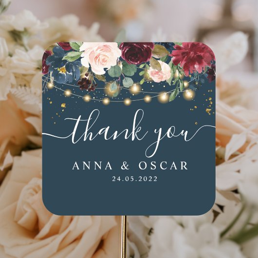 Rustikales Burgund Navy Blue & Red Blume & Lights Quadratischer Aufkleber