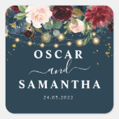 Rustikales Burgund Navy Blue & Red Blume & Lights Quadratischer Aufkleber (Vorderseite)