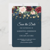 Rustikales Burgund Navy Blue & Red Blume & Lights Save The Date (Vorderseite)