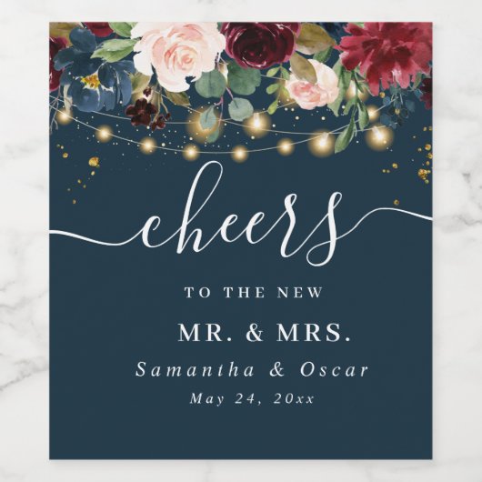 Rustikales Burgund Navy Blue & Red Blume & Lights Weinetikett (Einzelnes Label)