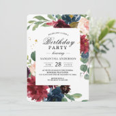 Rustikales Burgund Navy Blue & Red Floral Frame Einladung (Stehend Vorderseite)