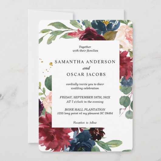 Rustikales Burgund Navy Blue & Red Floral Frame Einladung (Vorderseite)