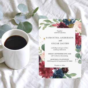 Rustikales Burgund Navy Blue & Red Floral Frame Einladung