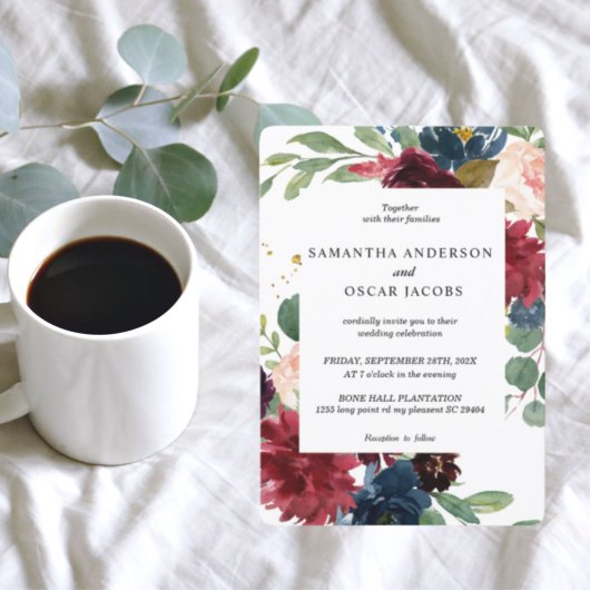 Rustikales Burgund Navy Blue & Red Floral Frame Einladung