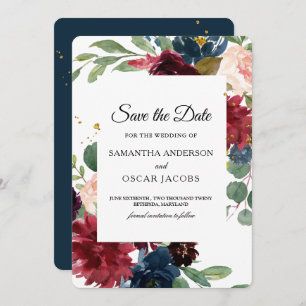 Rustikales Burgund Navy Blue & Red Floral Frame Save The Date