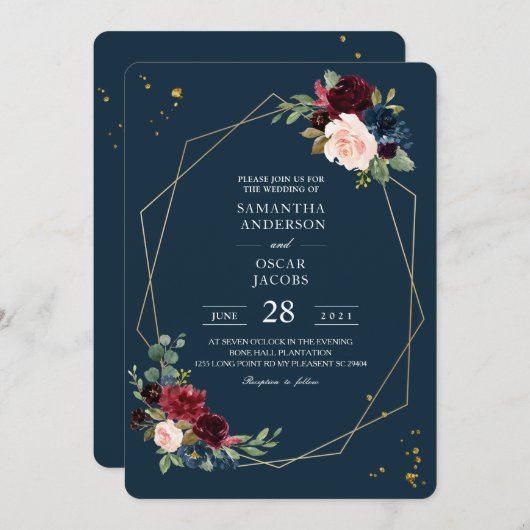 Rustikales Burgund Navy Blue & Red Gold Blume Fram Einladung (Vorne/Hinten)