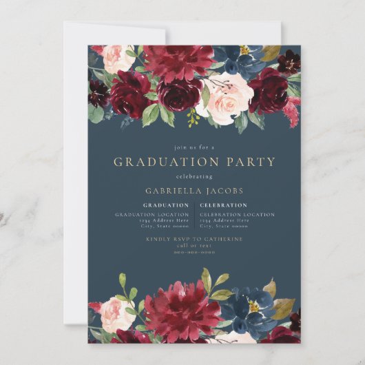 Rustikales Burgund & Navy Blumengrün Abschluss Einladung (Vorderseite)