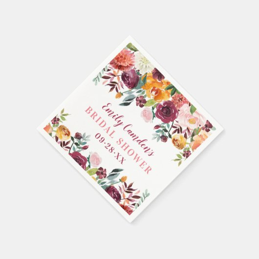 Rustikales Burgund Pink Fall Floral Brautparty Serviette (Ecke)