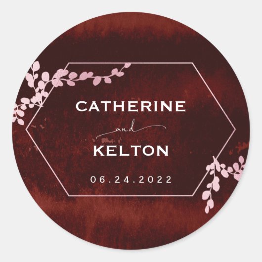 Rustikales Burgund Pink Geometric Floral Runder Aufkleber (Vorderseite)