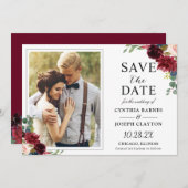 Rustikales Burgund Red Floral Classic Wedding Foto Save The Date (Vorne/Hinten)