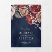Rustikales Burgund Rote Rosen Navy Blue Foto Hochz Dreifach Gefaltete Einladung (Cover)