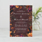 Rustikales Burgund Rotes Orange Lila Fall Floral Einladung (Stehend Vorderseite)