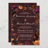 Rustikales Burgund Rotes Orange Lila Fall Floral Einladung (Vorne/Hinten)