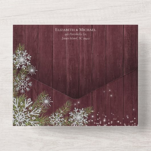 Rustikales Burgund Silver Winter Wood Wedding +Men All In One Einladung (Rückseite)