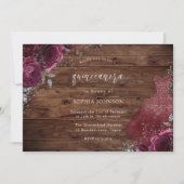 Rustikales Burgund Sparkle Dress Rose Quinceanera Einladung (Vorderseite)