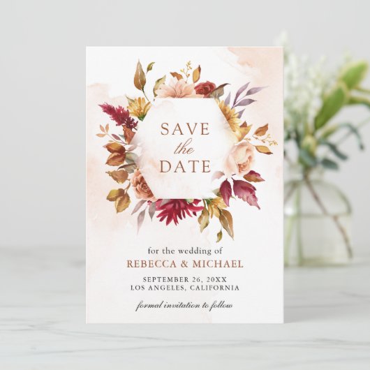 Rustikales Burgund Terracotta Foto für Hochzeiten Save The Date (Stehend Vorderseite)