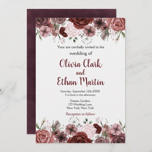 Rustikales Burgund Wasserfarben Einladung (Vorne/Hinten)