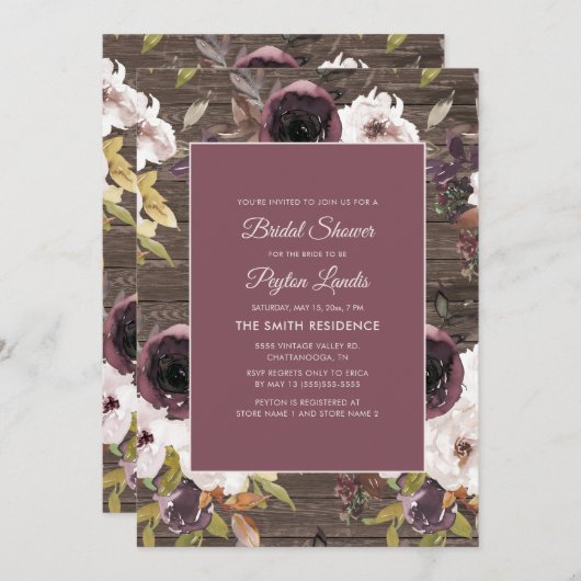 Rustikales Burgund Wein Elfenbeinblume Brautparty Einladung (Vorne/Hinten)