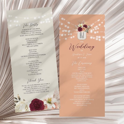 Rustikales Burgunder-Blumen-Hochzeitsprogramm Programm