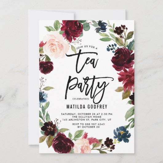 Rustikales Burgunder Blumenrahmen Herbst Tee Party Einladung (Vorderseite)