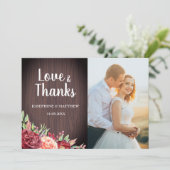 Rustikales Burgunder Foto Hochzeit der Wasserfarbe Dankeskarte (Stehend Vorderseite)