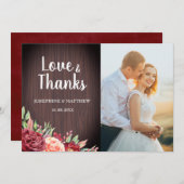 Rustikales Burgunder Foto Hochzeit der Wasserfarbe Dankeskarte (Vorne/Hinten)
