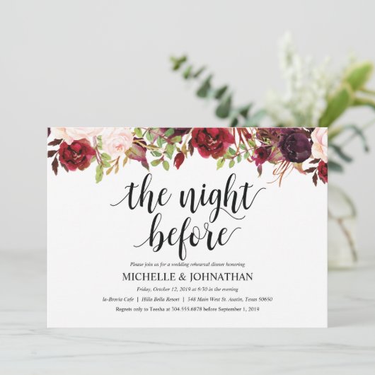 Rustikales Burgunder Hochzeitsessen Probe einladen Einladung (Stehend Vorderseite)