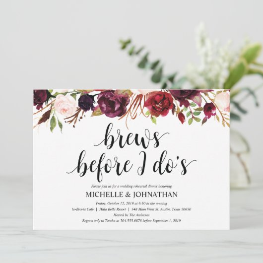 Rustikales Burgunder Hochzeitsessen Probe lädt ein Einladung (Stehend Vorderseite)