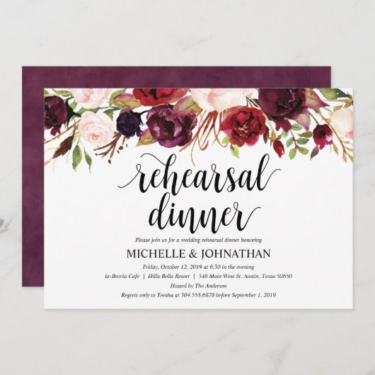 Rustikales Burgunder Hochzeitsessen Probe lädt ein Einladung (Vorne/Hinten)