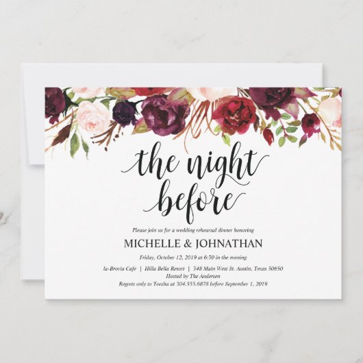 Rustikales Burgunder Hochzeitsessen Probe lädt ein Einladung (Vorderseite)